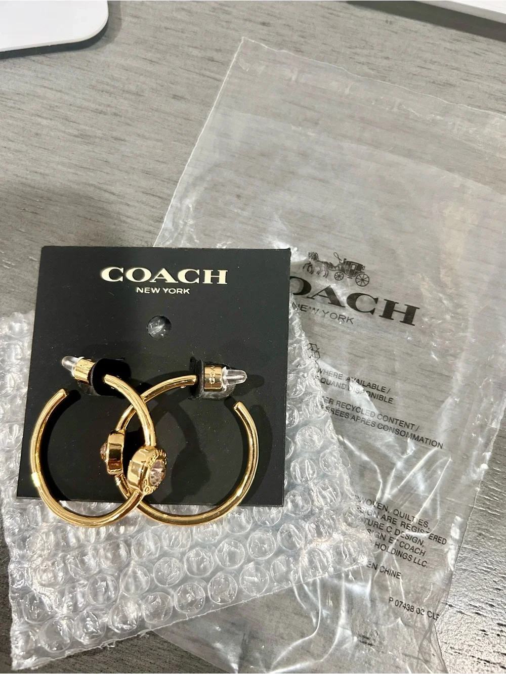 COACH Gold Hoop Earrings with Crystal Accent - Picture 4 of 4